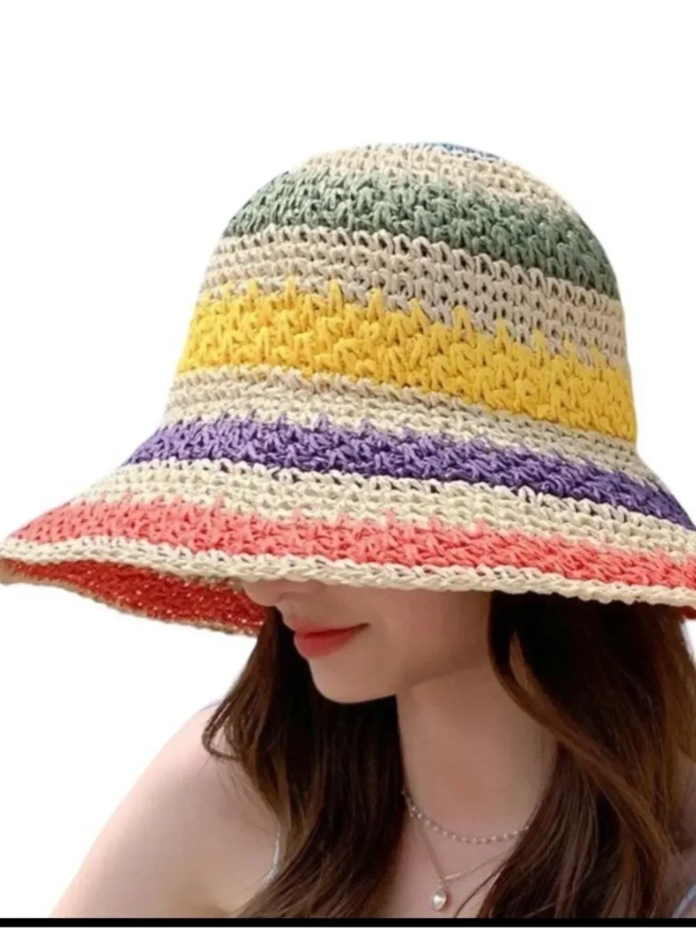 Crochet Straw Bucket Hat Colorful Striped Wide Brim Beach Sun Hat Packable NWT